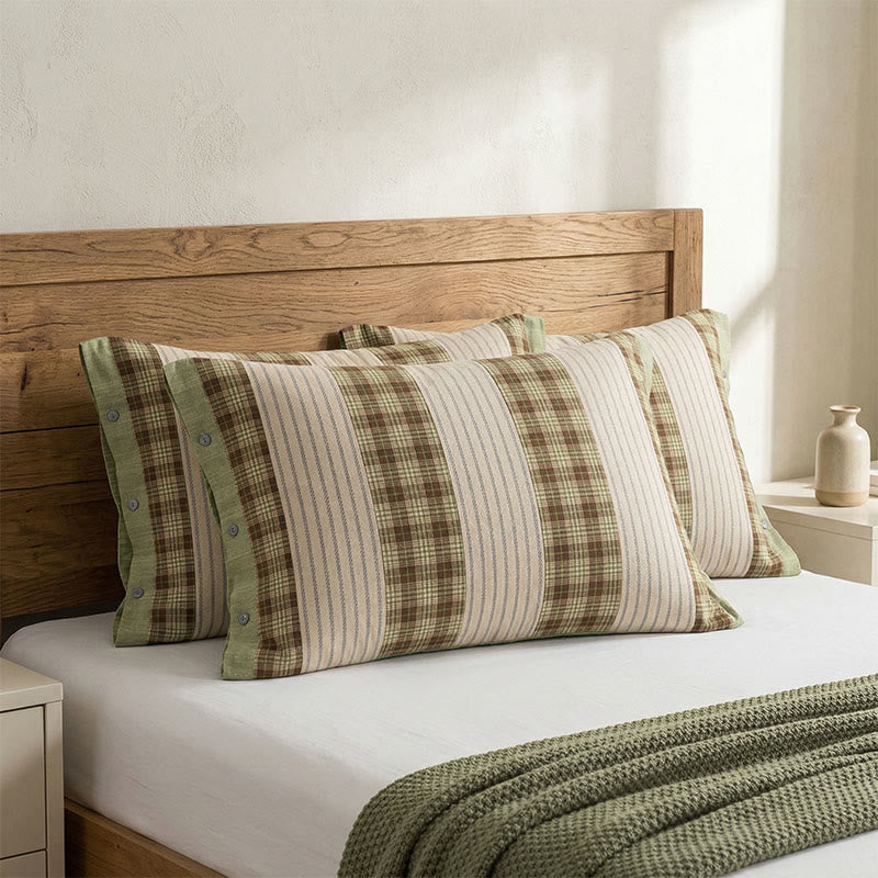 Ownkoti  Plaid Stripe Pure Cotton Pillowcases (2PCS)  - Green&Brown - 52cm x 76cm - image 2