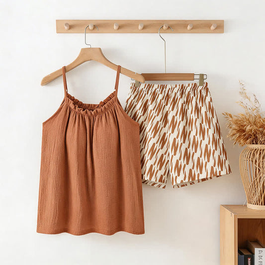 Ownkoti Cami & Abstract Striped Shorts Pajama Set - Brown - XXL - image 0