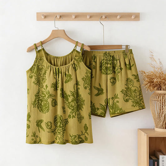 Ownkoti Vintage Floral Bird Cami & Shorts Pajamas - Green - XXL - image 0
