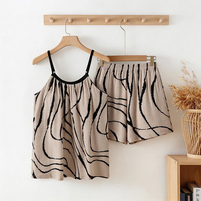 Ownkoti Artistic Wave Cotton Gauze Cami Pajamas - Black & Beige - XXL - image 0