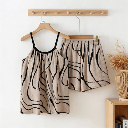 Ownkoti Artistic Wave Cotton Gauze Cami Pajamas - Black & Beige - XXL - image 0