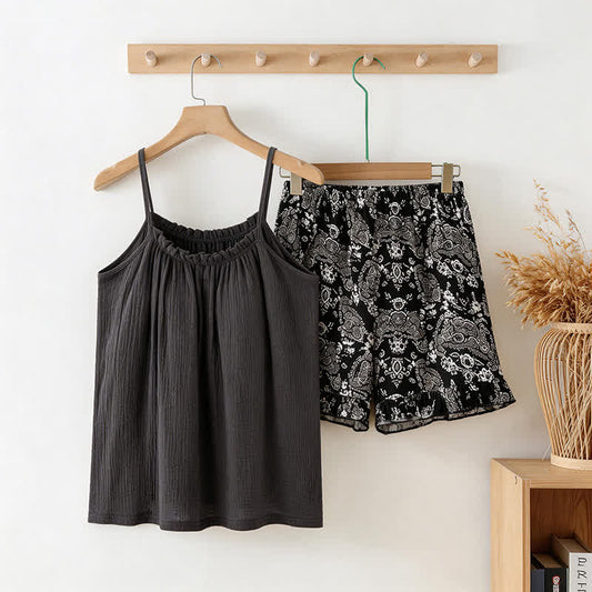 Ownkoti Cami & Vintage Pattern Shorts Pajama Set - Black - XXL - image 0
