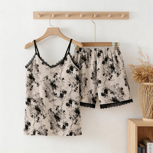 Ownkoti Black Floral Cotton Cami & Shorts Pajamas - Black & White - XXL - image 0