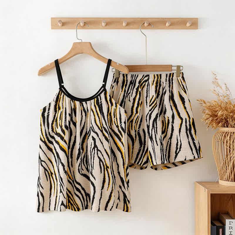 Ownkoti Tiger Stripe Cotton Gauze Cami Pajamas - Black & Beige - XXL - image 0