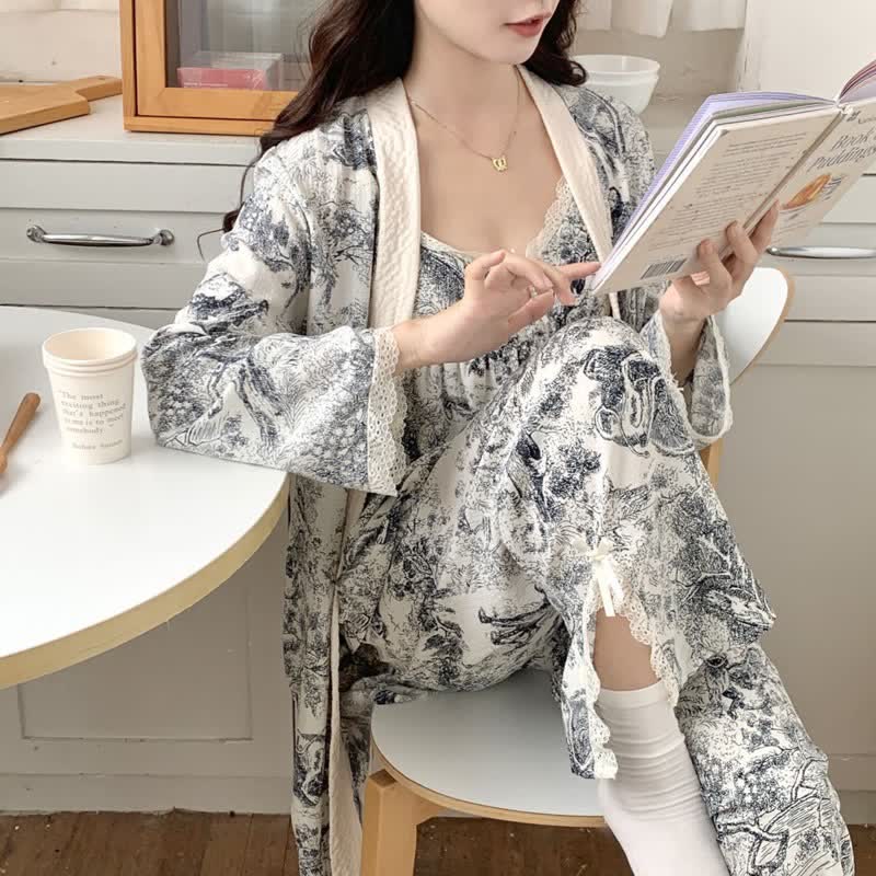 Ownkoti Ink Wash Landscape Lace Trim Pajamas(3PCS) - image 9