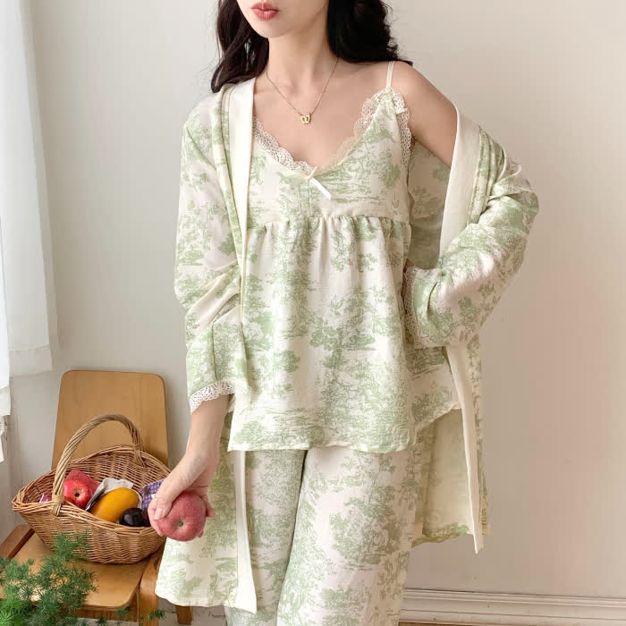 Ownkoti Ink Wash Landscape Lace Trim Pajamas(3PCS) - Green - XXL - image 15