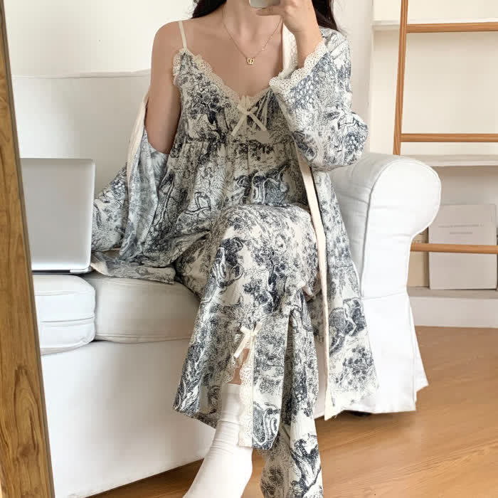 Ownkoti Ink Wash Landscape Lace Trim Pajamas(3PCS) - Black - XXL - image 7