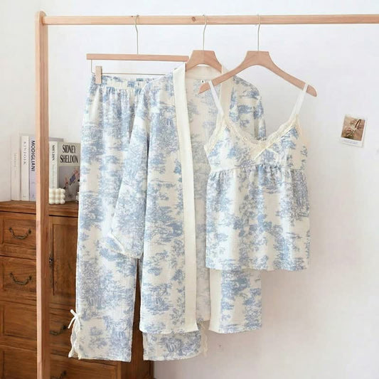 Ownkoti Ink Wash Landscape Lace Trim Pajamas(3PCS) - Blue - XXL - image 0