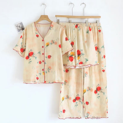 Ownkoti Pomegranate Print Cotton V-Neck Pajama Set(3PCS) - Beige - XL - image 0