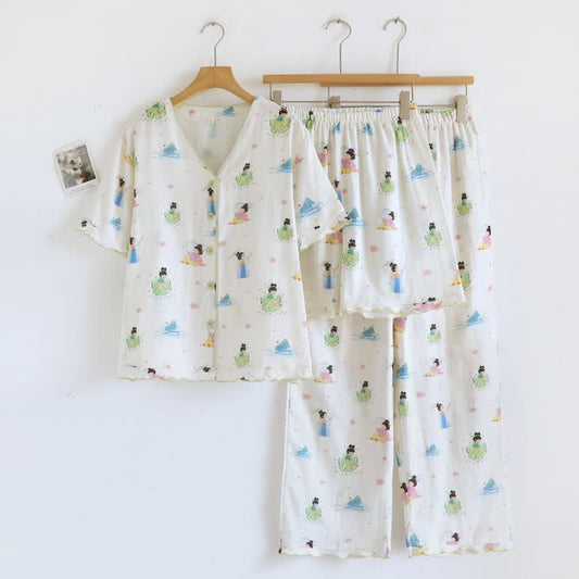 Ownkoti Vintage Oriental Princess Inspired Cotton Pajamas(3PCS) - Beige - XL - image 0