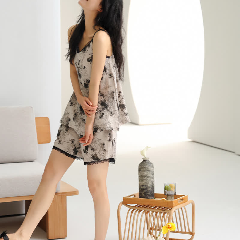 Ownkoti Black Floral Cotton Cami & Shorts Pajamas - image 4