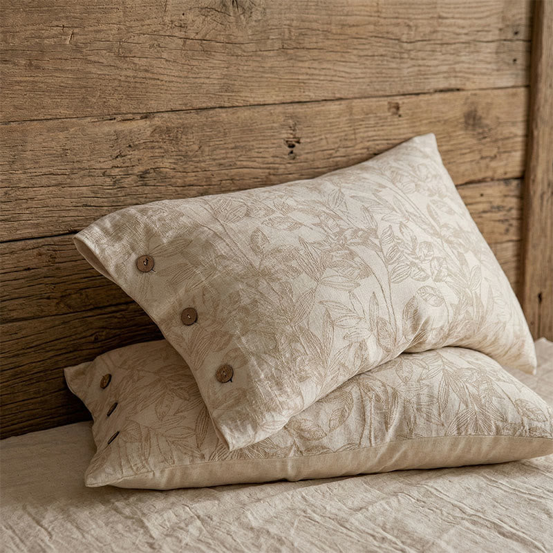 Ownkoti Rustic Floral Linen Button Pillowcases (2PCS)  - Light Brown - 48cm x 74cm - image 0