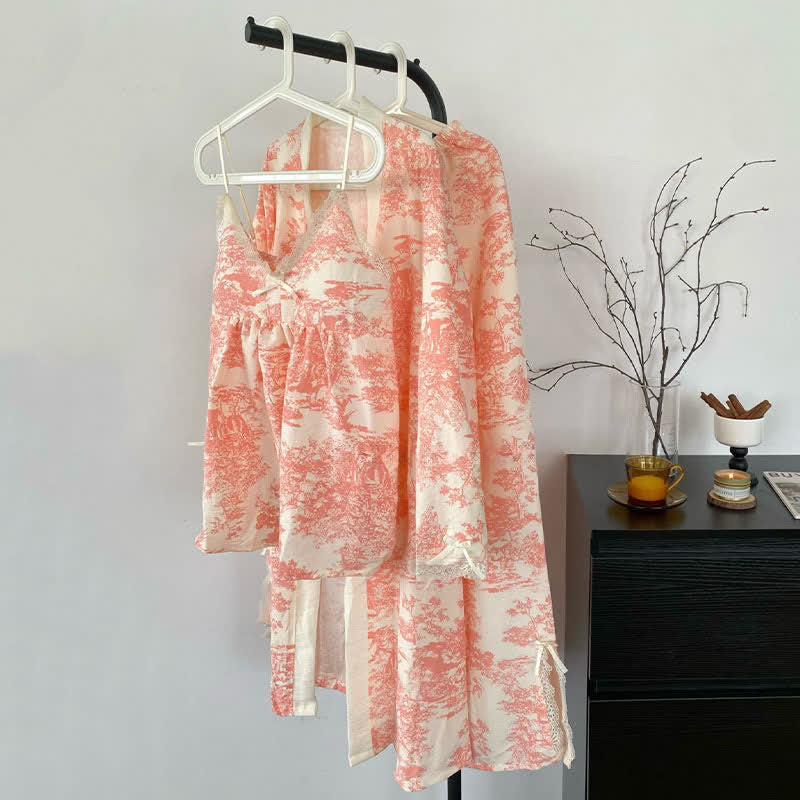Ownkoti Ink Wash Landscape Lace Trim Pajamas(3PCS) - image 12