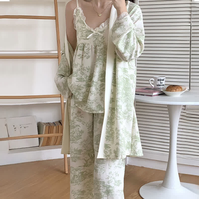 Ownkoti Ink Wash Landscape Lace Trim Pajamas(3PCS) - image 17