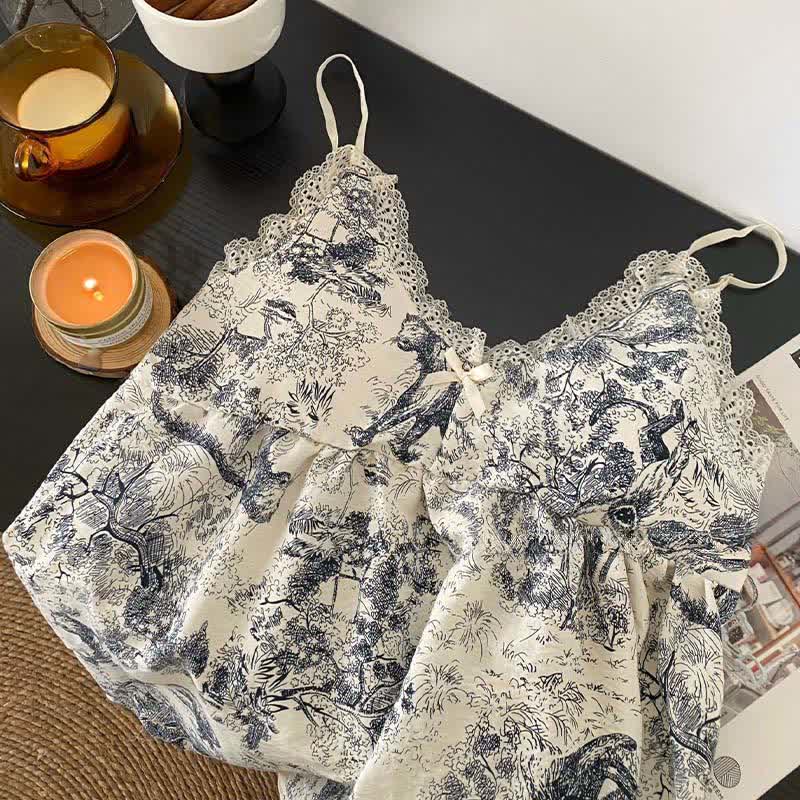 Ownkoti Ink Wash Landscape Lace Trim Pajamas(3PCS) - image 10