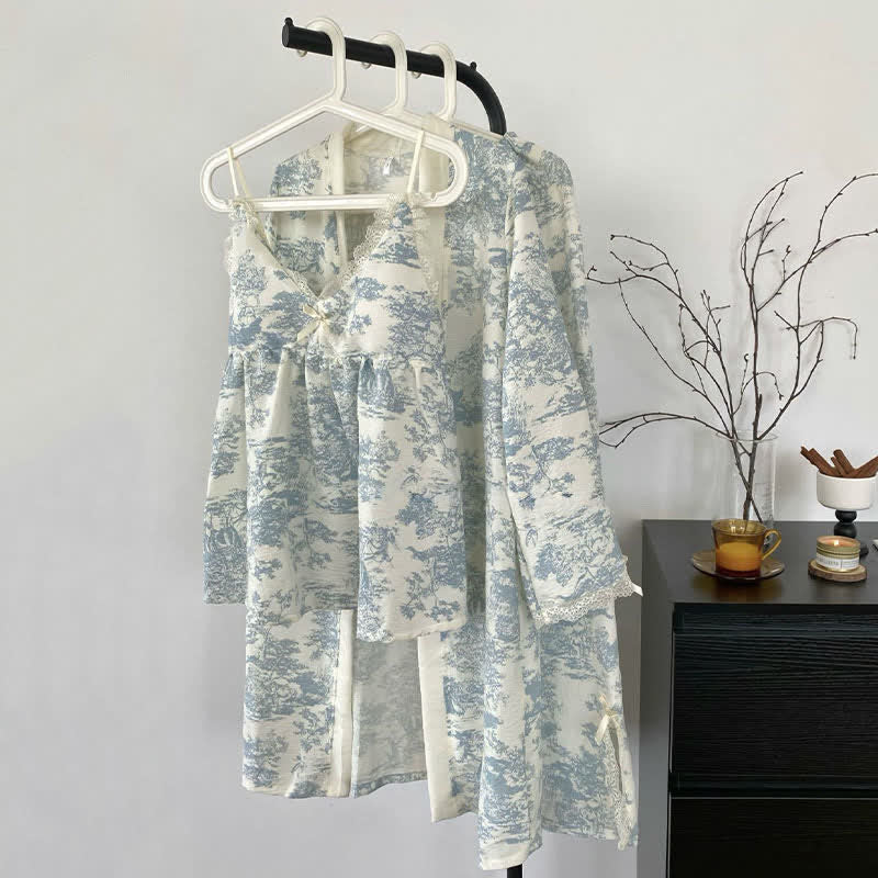 Ownkoti Ink Wash Landscape Lace Trim Pajamas(3PCS) - image 4
