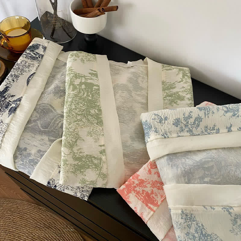 Ownkoti Ink Wash Landscape Lace Trim Pajamas(3PCS) - image 2