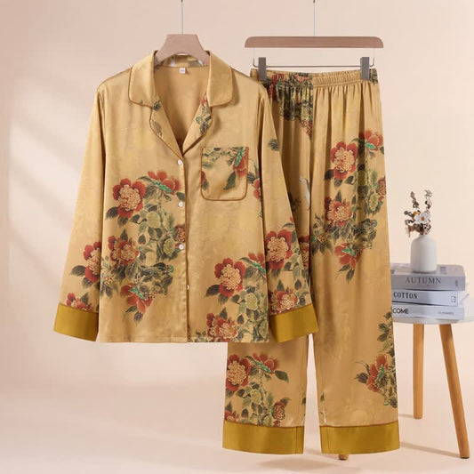 Ownkoti Luxurious Floral & Green Leaf Pajama Set - Yellow - XL - image 0
