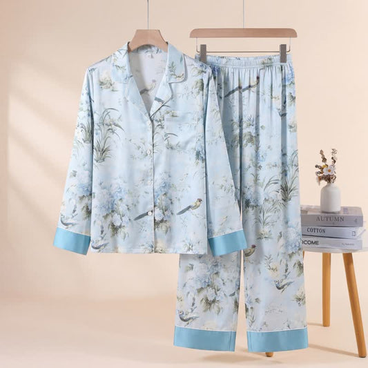 Ownkoti Elegant Floral & Bird Print Pajama Set - Blue - XL - image 0