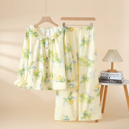 Ownkoti Floral Ruffled Cotton Gauze Pajama Set - Green - XL - image 4