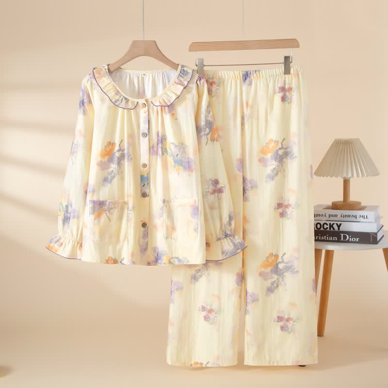 Ownkoti Floral Ruffled Cotton Gauze Pajama Set - Purple - XL - image 3