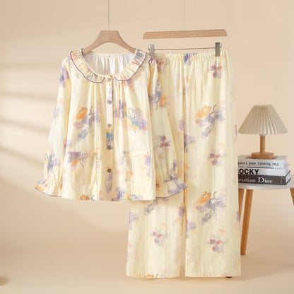 Ownkoti Floral Ruffled Cotton Gauze Pajama Set - Purple - XL - image 3