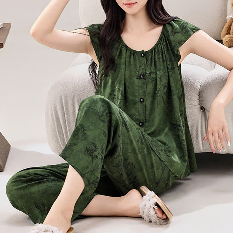Ownkoti Green Floral Ruffle Sleeve Loungewear Set - image 2