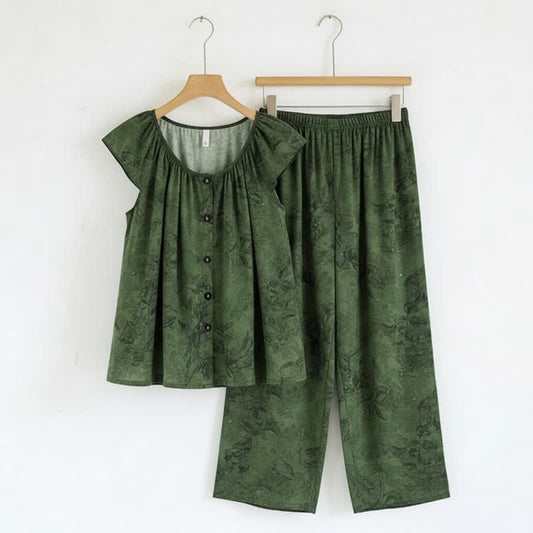 Ownkoti Green Floral Ruffle Sleeve Loungewear Set - Green - XXL - image 0