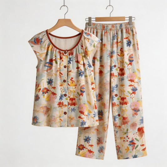 Ownkoti Rustic Style Floral Bloom Loungewear Set - Beige - XXL - image 0