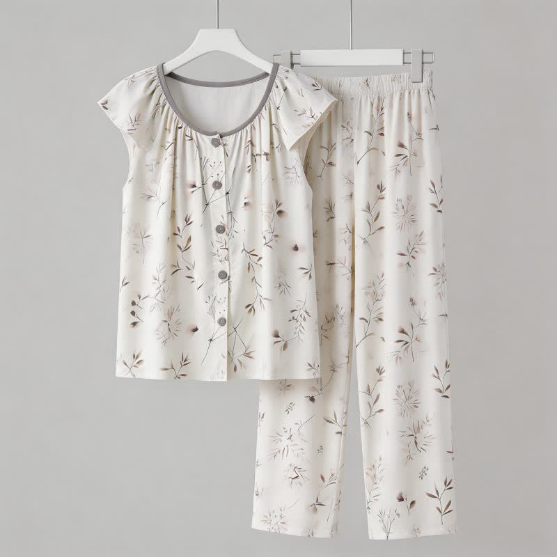 Ownkoti Elegant Branch Button Front Loungewear Set - White - XXL - image 0