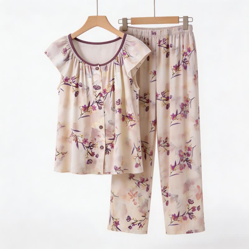 Ownkoti Peach Blossom Button Front Loungewear Set - Beige - 2XL - image 0