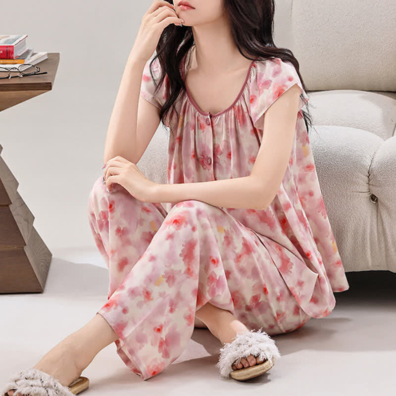 Ownkoti Pink Floral Button Front Loungewear Set - image 1