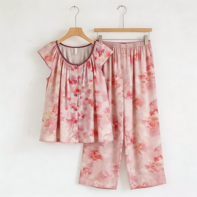 Ownkoti Pink Floral Button Front Loungewear Set - Pink - 2XL - image 0