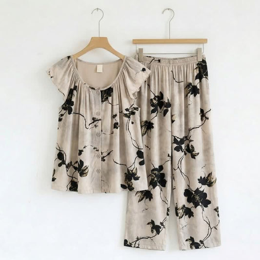 Ownkoti Elegant Ink Style Floral Loungewear Set - Beige - XXL - image 0