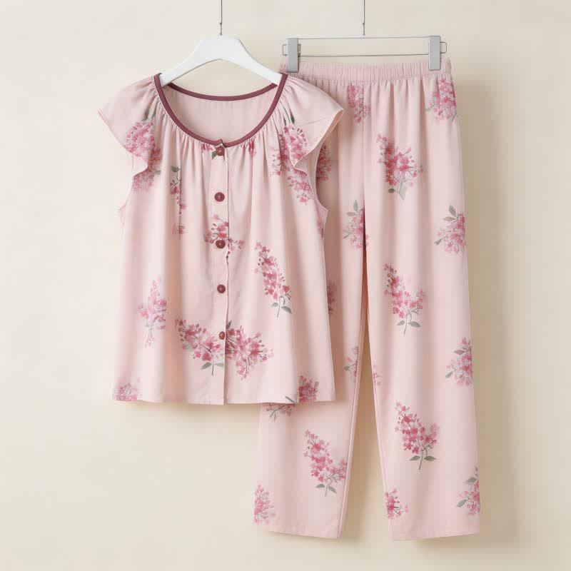 Ownkoti Floral Flutter Sleeve Button Front  Pajamas - Pink - 2XL - image 0