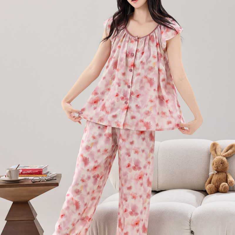 Ownkoti Pink Floral Button Front Loungewear Set - image 3