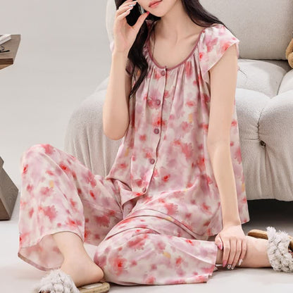 Ownkoti Pink Floral Button Front Loungewear Set - image 2
