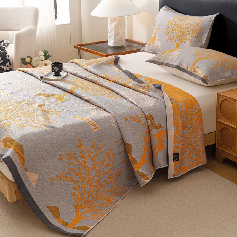 Ownkoti Deer & Tree Cotton Gauze Quilt Blanket - 2PCS Pillow Towels - 20" x 29" - image 0