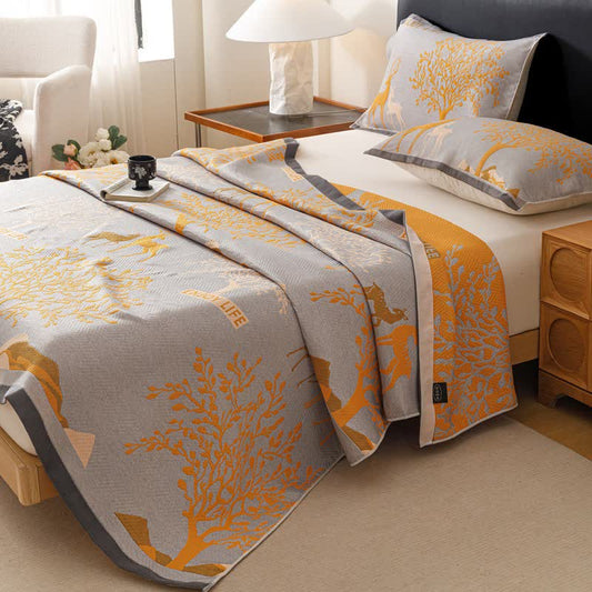 Ownkoti Deer & Tree Cotton Gauze Quilt Blanket - 2PCS Pillow Towels - 20" x 29" - image 0