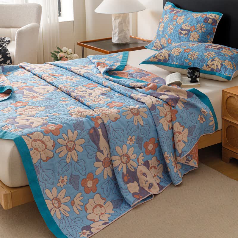 Ownkoti Floral & Panda Cotton Gauze Quilt Blanket - 2PCS Pillow Towels - 20" x 29" - image 0