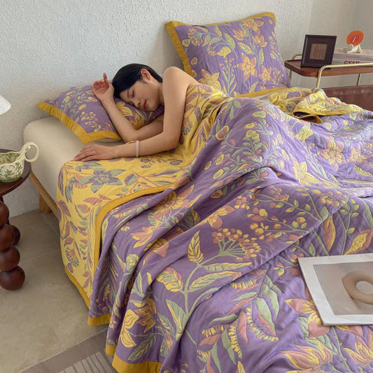 Ownkoti Pastoral Floral & Leaf Cotton Gauze Quilt Blanket - 2PCS Pillow Towels - 20" x 31" - image 0