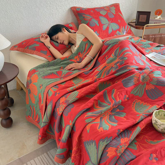Ownkoti Artistic Floral & Butterfly Cotton Gauze Quilt Blanket - Red - Quilt with 2PCS Pillow Towels - King - image 0