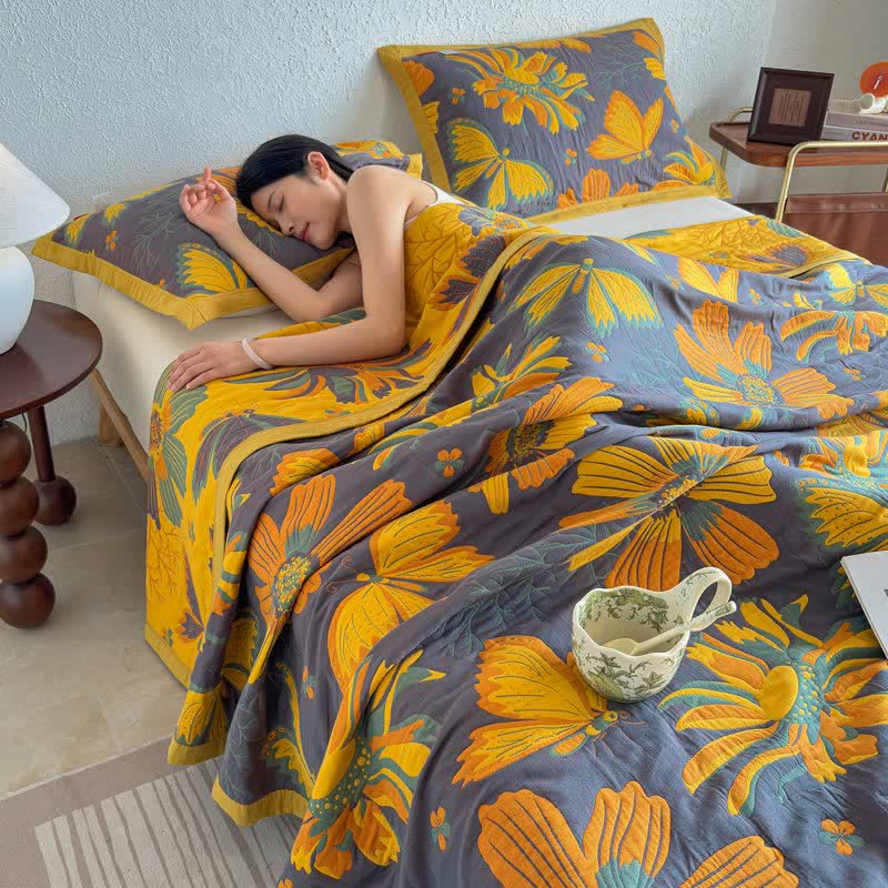 Ownkoti Artistic Floral & Butterfly Cotton Gauze Quilt Blanket - Purple - Quilt with 2PCS Pillow Towels - King - image 15