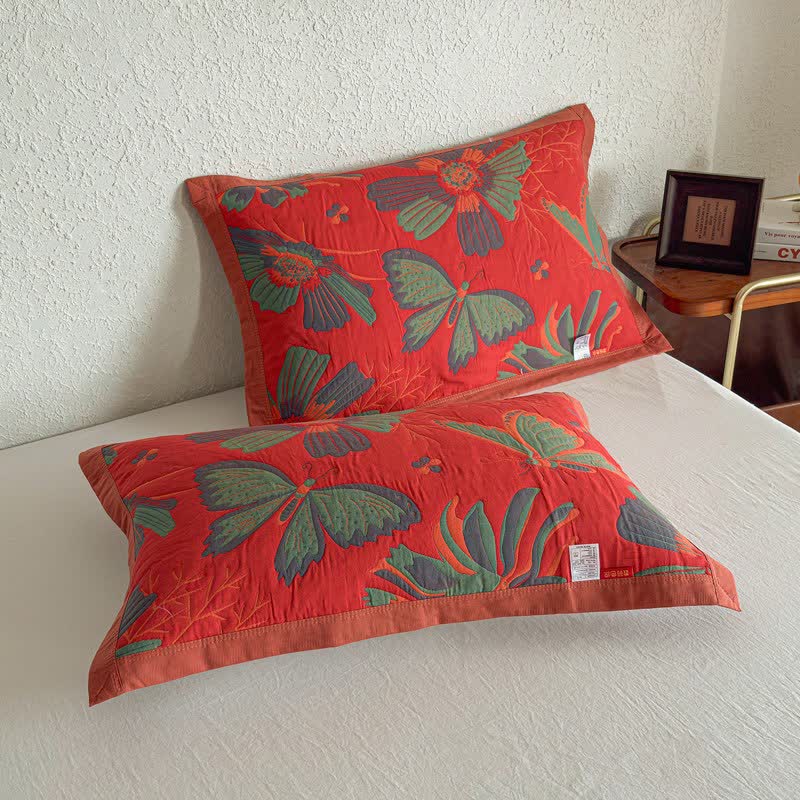 Ownkoti Artistic Floral & Butterfly Cotton Gauze Quilt Blanket - Red - 2PCS Pillow Towels - 20" x 31" - image 11
