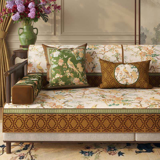 Ownkoti Vintage Floral & Bird Print Sofa Protector - Beige - Throw Pillow - 12" x 19" - image 0