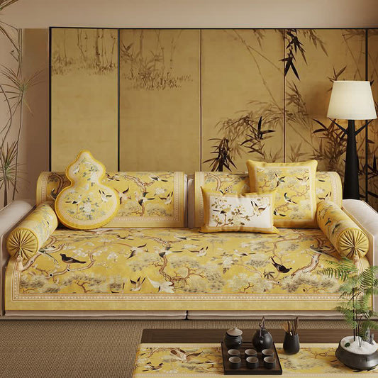 Ownkoti Oriental Floral Bird Print Sofa Protector - Yellow - Sofa Protector - 35" x 94" - image 0