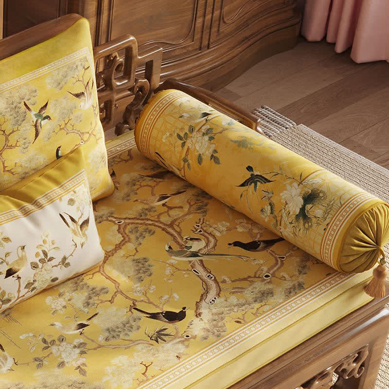 Ownkoti Oriental Floral Bird Print Sofa Protector - Yellow - Bolster Pillow-B - 23" x 6" - image 5