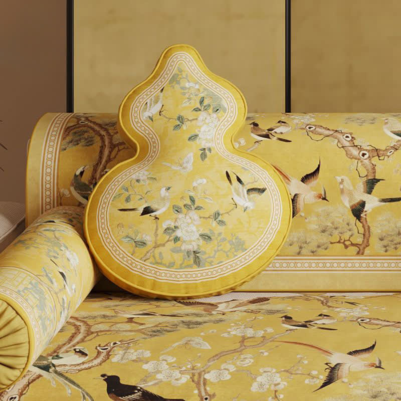 Ownkoti Oriental Floral Bird Print Sofa Protector - Yellow - Gourd-shaped Throw Pillow-B - 16" x 20" - image 9