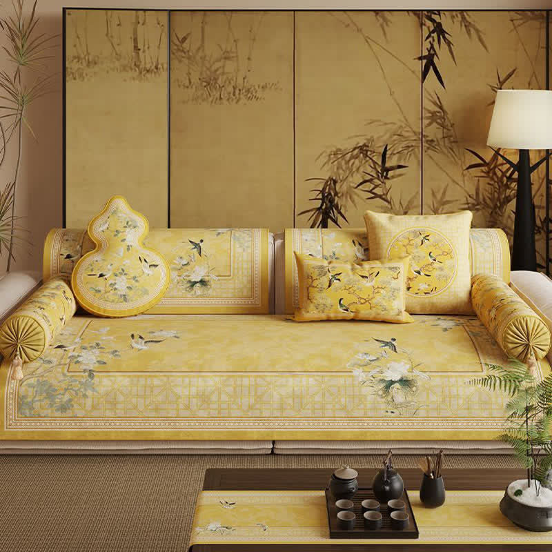 Ownkoti Vintage Floral Bird Print Sofa Protector - Yellow - Sofa Protector - 35" x 94" - image 0