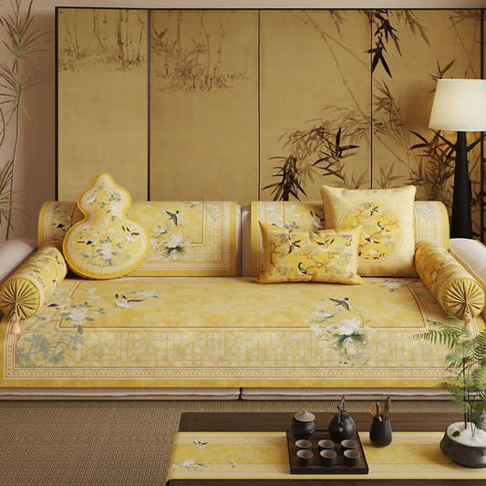 Ownkoti Vintage Floral Bird Print Sofa Protector - Yellow - Sofa Protector - 35" x 94" - image 0